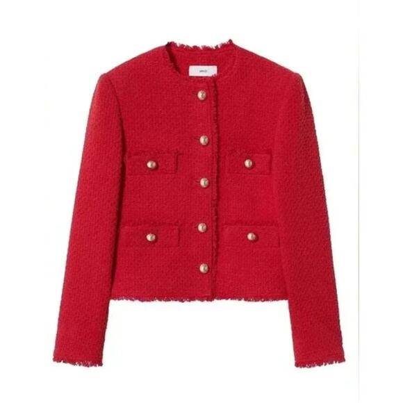 NWT Mango S Red Wintour Tweed Jacket Button Down Collarless Knit Long Sleeve - Picture 1 of 11